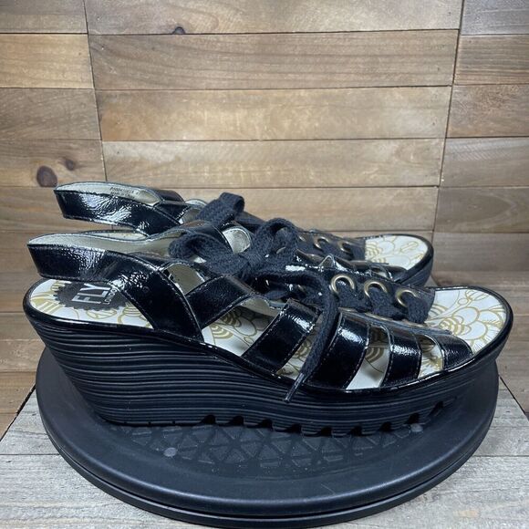 Fly London Yito Black Leather Wedge Strappy Sandals Lace Up EU 41 US 10 - Picture 1 of 10
